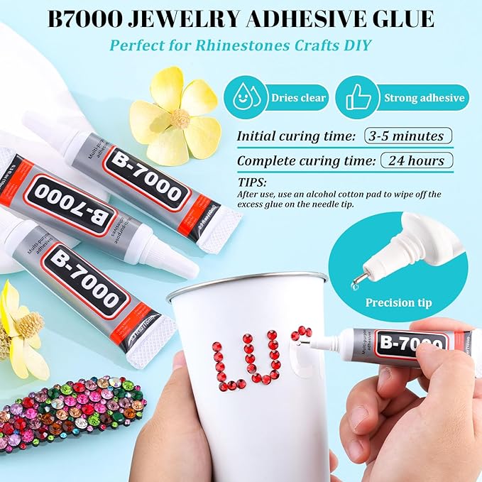 12100Pcs Red Rhinestones Craft Kit with 3Pcs 10ml B7000 Jewelry Glue, 2 Boxes Flatback Crystals for DIY Nail Art, Resin Gems for Clothing Shoes