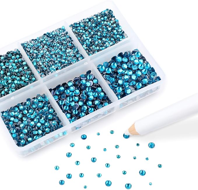 NCB Hotfix Iron on 8000pcs Crystal Rhinestones Round Gem for Crafts Decoration DIY Jewelry Making with a Picking Pen (Blue Zircon, 6Sizes SS3-SS12)
