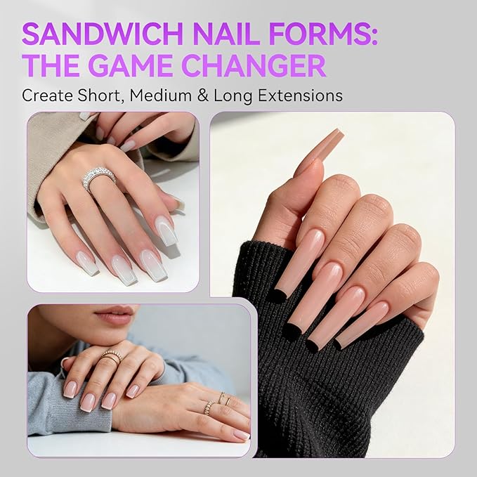 Gelike EC Sandwich Dual Forms for Polygel: Reusable Square Nail Form for Builder Gel & Acrylic Nails - 240pcs 15 Size with Guidelines to Create Short, Medium, Long Styles - C-Curve with Straight Sides