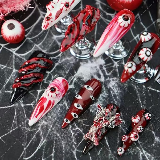 100% Handmade Press on Nails Halloween Long Stiletto Fake Nails with Red Evil Eye Design Spiderweb Glue on Nails Charms Gothic Halloween Nail Press ons Reusable Handmade Nail for Women Manicure Size L