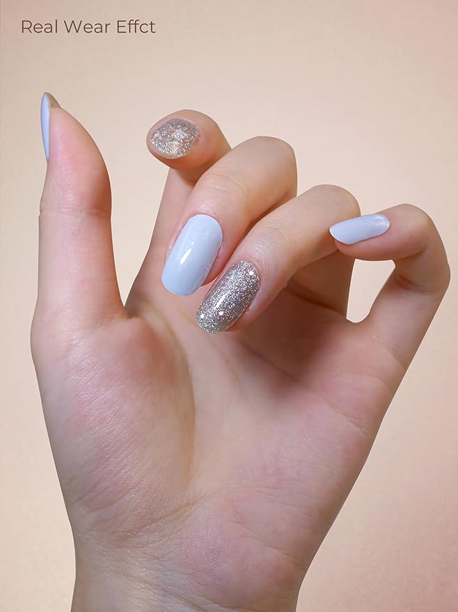 Pre Cured Gel Nail Strips - 44PCS Salon Quality Gel Nail Stickers - Long Lasting Polish Wraps for Women no UV Light Needed Easy Apply & Remove (Unicorn Silver Magic