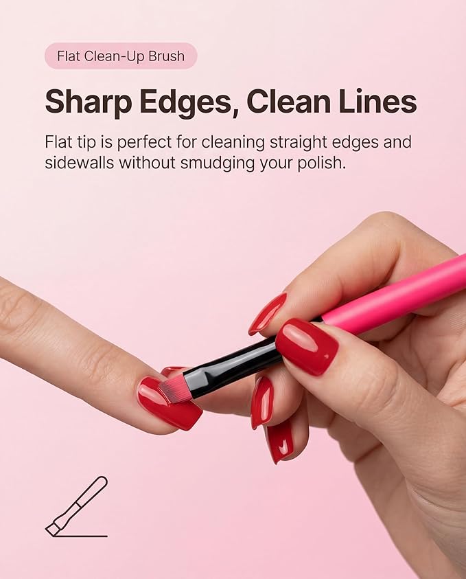 3PCS Nail Clean-Up Brushes, Round/Angled/Flat, Acetone-Resistant Cuticle Polish Remover for Nail Art & Manicures（Rose Red）