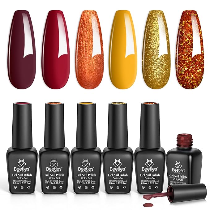 beetles Gel Polish Set Gel Nail Polish 6 Colors Burgundy Brown Yellow Glitter Orange Gold Nail Polish UV LED Nail Lamp Home DIY Manicure Nail Art Gift for Women Golden Blessing