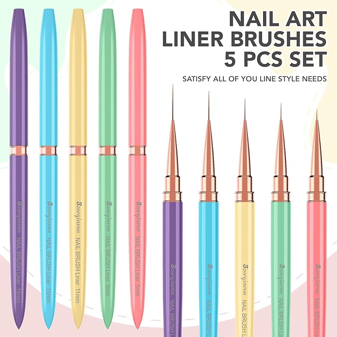 Nail Liner Brushes, Fine Line Nail art Brush 5/9/11/15/18mm Macaron Thin Nail Art Brush Detail Drawing, Liner Brush for Nails Gel