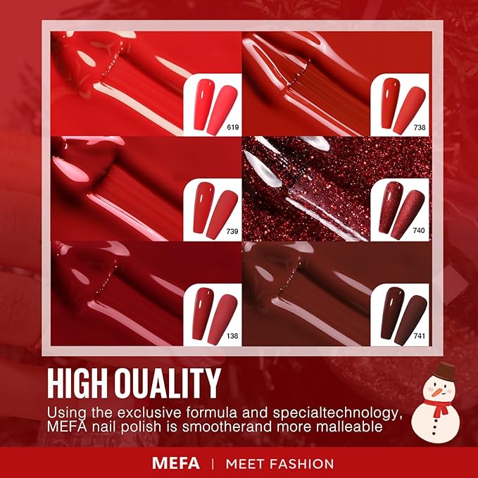 MEFA Red Gel Nail Polish Set, 6 Colors Gel Polish Kit Popular Red Burgundy Glitter Nail Polish Soak Off Rose Dark Red Shimmer Nail Art Design DIY Home Salon Manicure Gifts for Women Girls 2024