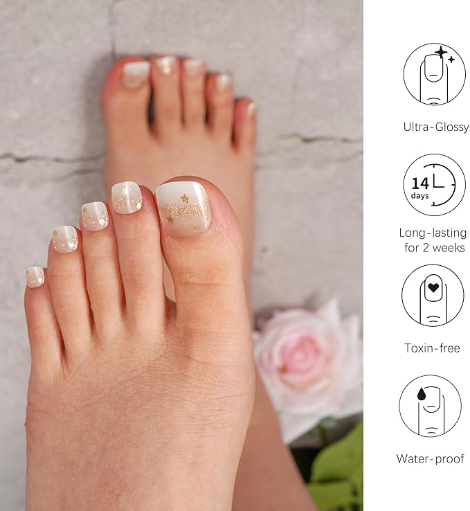 DANNI & TONI Semi Cured Gel Toenail Strips White Ombre (Celestial Sparkle) Gold Sparkles Gel Toenail Stickers Glazed Pedi Wraps 37 Stickers
