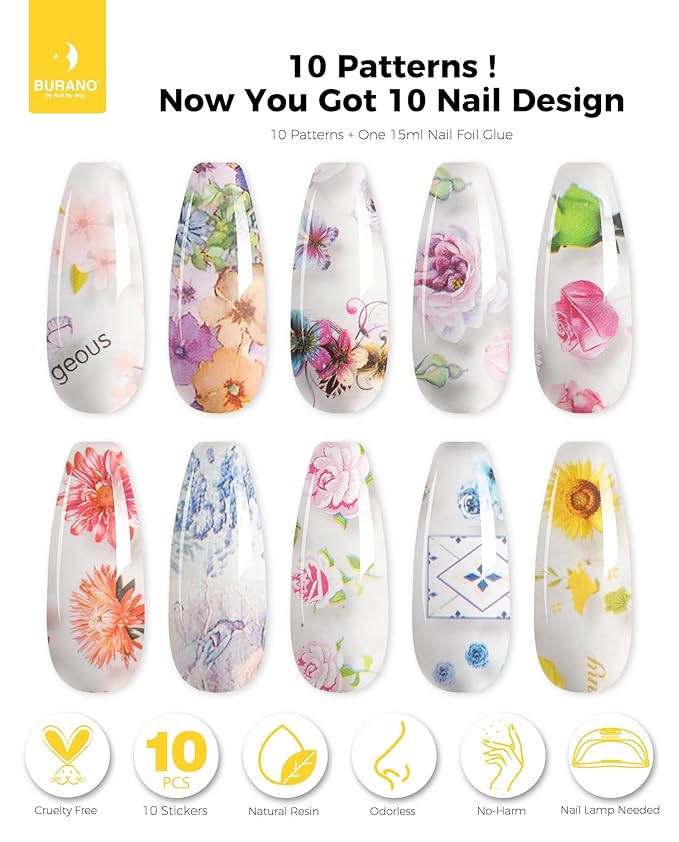 BURANO Nail Art Nail Foil Glue Gel, o.5 oz with 10PCS Foil Stickers Set Nail Foil Glue for Nails Foil Transfer Gel, Nail Design DIY UV LED Lamp Required (Flower 33)