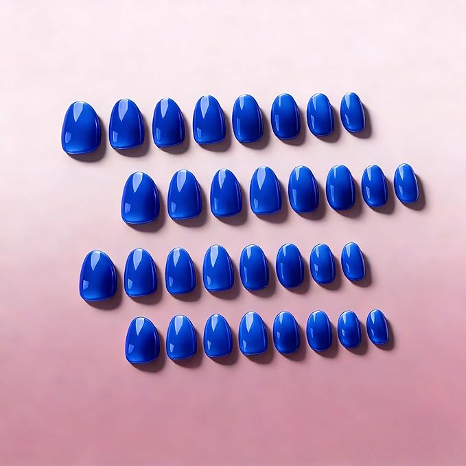 KQueenest Press On Nails Short - Bright Vibrant Blue Press On Nails Oval, 32 Pcs 16 Sizes Natural Short Fake Nails Press ons Almond, Reusable Glossy Navy Blue Glue on Nail with Glue for Everyday Wear
