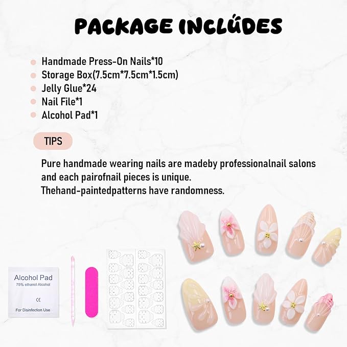 Handmade Flower Press on Nails French Tip Almond Medium False Nails with 3D White Flower & Water Ripple Art Designs Muti-Layer Gel Thick Artificial Acrylic Nails for Women (Size M)