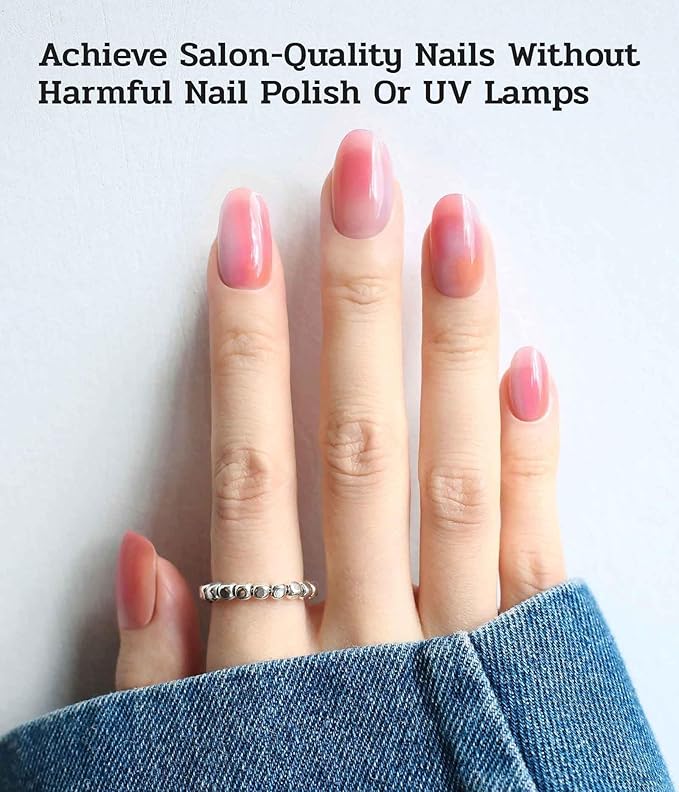 Nail Polish Strips (No UV Lamp Needed) - 22 Pcs Salon Quality Gel Nail Stickers - Long Lasting Wraps (Strawberry Cocktail Pink&Orange)