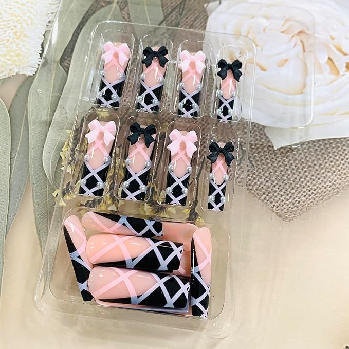 Press on Nails Coffin Long Length Acrylic Glossy Full Cover Square Shaped French False Nails with Designs Artificial Extra Long Fake Nails with Charms Glue ons Fingernails for Women(XXS285)