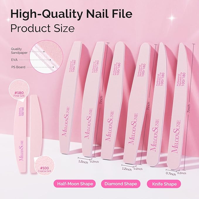 MelodySusie Nail File Kit, 6Pcs Double Sided 100/180 Grit Mixed-Shapee Emery Boards for Nails, Professional Manicure Pedicure Supplies for Home and Salon Use, Pink