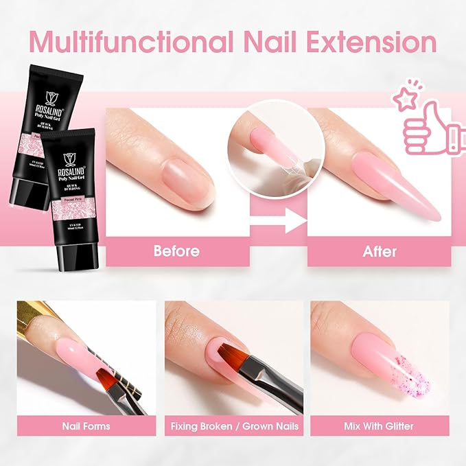 ROSALIND Pearl Pink Poly Extension Gel, 2.7 oz Pink Poly Nail Gel for Nail Art Decoration, builder Pinks Gel Nail Thickening Extension Easy to DIY Use at Home Need UV Lamp