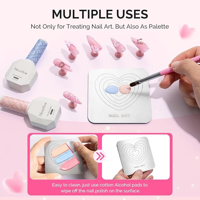 MelodySusie Nail Stand for Press Ons, Super Metal Square With Heart Pattern Magnetic Base for Painting Display with Brush Holder And Reusable Double-Sided Tape for Home DIY Salon Supplies