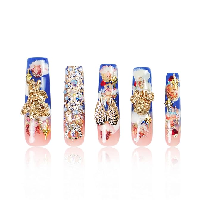 LOVFUL Press on Nails the Palace of Murals| Handmade with Full Covered Crystals| Reusable Fake Nails| Square Mid length 1.7in| H174-L