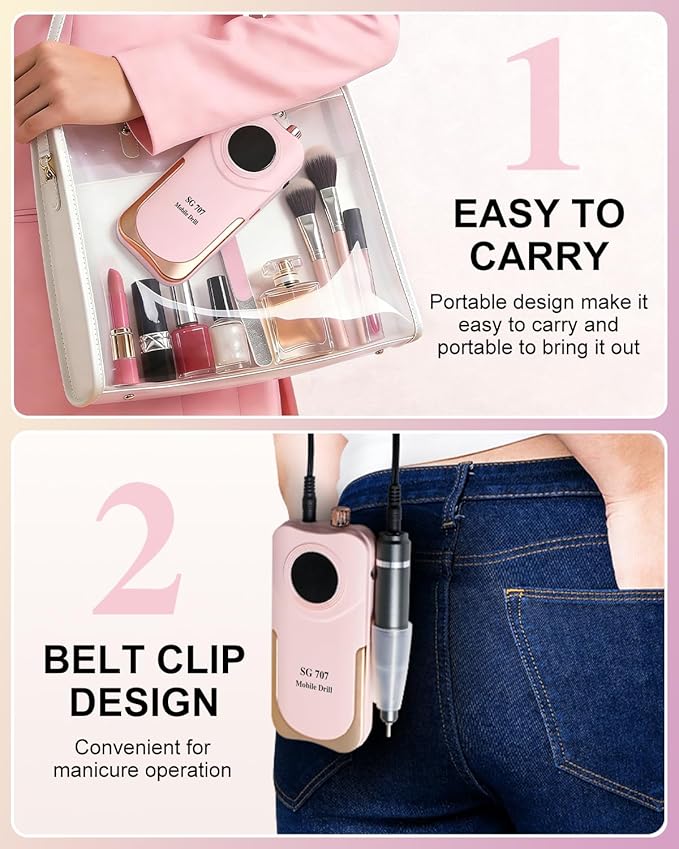 Professional Electric Nail Drill Kit 35000RPM with 14PCS Bits Pink Portable Rechargeable Cordless File Machine for Acrylic Gel Powder Nails and Manicure Pedicure Toenail Tool Salon Set