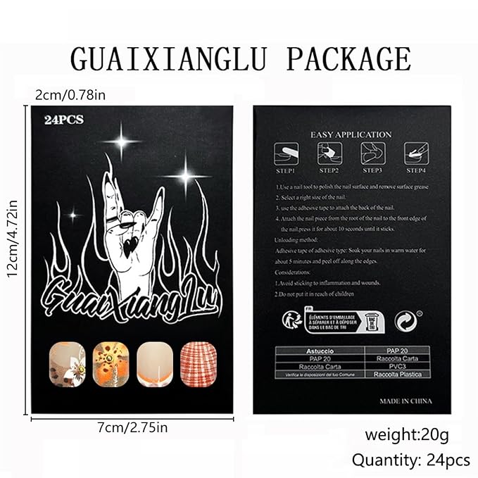 Medium Press on Nails Almond Fake Nails French Artificial Nail Flowers and 3D Embossed Stick on Nail for Women 24pcs
