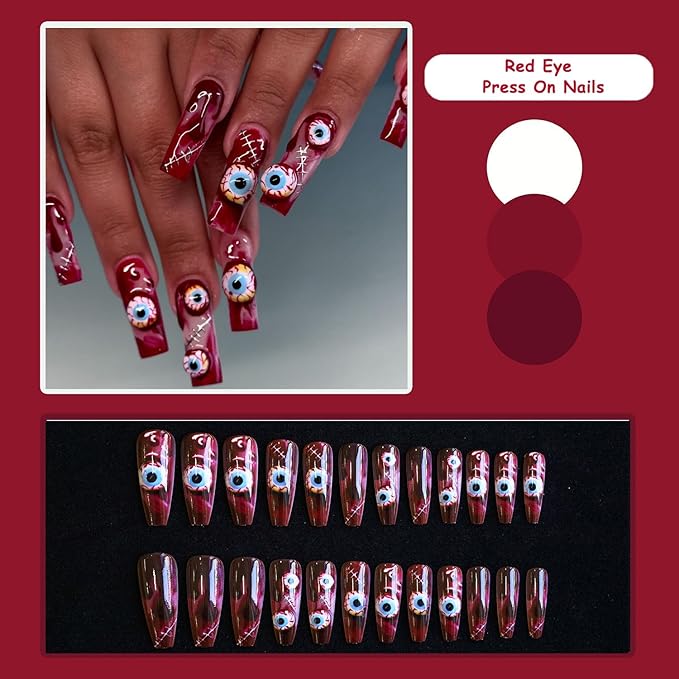 24pcs Halloween Red Eyes Long Square Press On Nails for Terrifying Costumes, Reusable Nail Kit with Adhesive Tabs, 12 Sizes (Red Eye)
