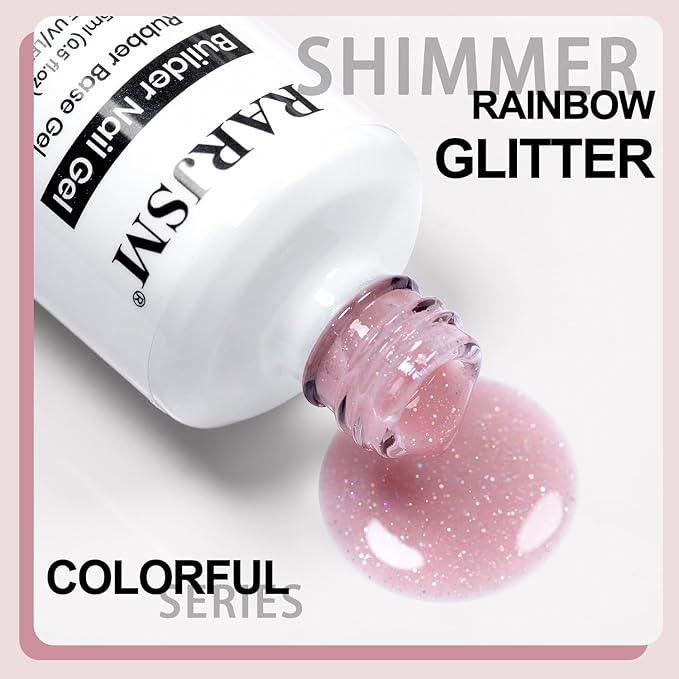 RARJSM Nude Gray Purplish Pink Rainbow Glitter Rubber Base Coat Gel Nail Polish Natural Skin Tone Iridescent Shimmer Brush on Extend Jelly Gelpolish Curing Requires 15ml Salon Home French Manicure