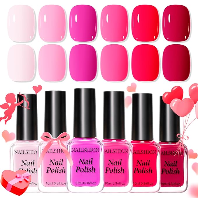 Bright Pink Nail Polish Set - 6 Colors Pastel Hot Pink Tones Neon Pink Light Pink Shades Air Dry Regular Nail Polish Pack Non Gel, Salon-Quality Manicure Nail Art Gift