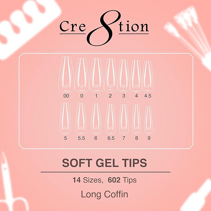 Cre8tion Soft Gel Nail Tips, Long Coffin Shape, 602 Tips in 14 Sizes (00-9) for Professional Nail Extensions