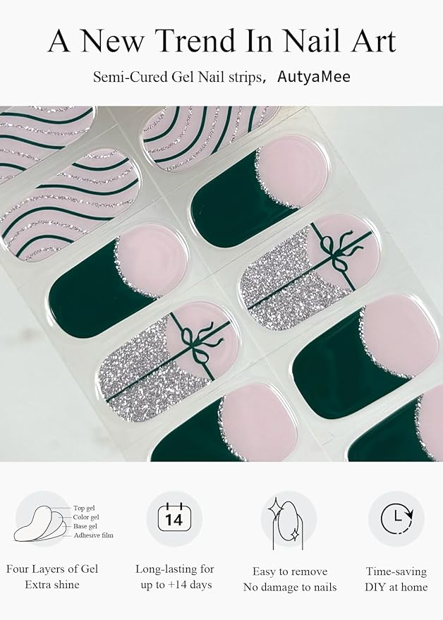 Semi Cured Gel Nail Strips (Green French), Christmas Silver Glitter, Bow, 20 Pcs Gel Nail Wraps, Stickers, Salon Quality, Works with Any UV Lamps