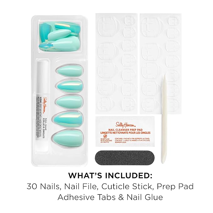 Sally Hansen Salon Effects Perfect Press-On Nails | Almond Shape | Easy to Apply, Non-Damaging | 30 Nails, Nail Glue, Adhesive Tabs, File | Making A Splash