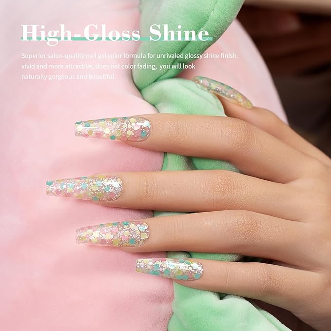 RARJSM Glitter Gel Nail Polish Pink Yellow Green Patel Spring Summer Color Big Flakes Gel Polish Sparkly Chunky Clear Shimmer Pigments Soak off Led UV Curing Required for Home Salon Manicure 15ml