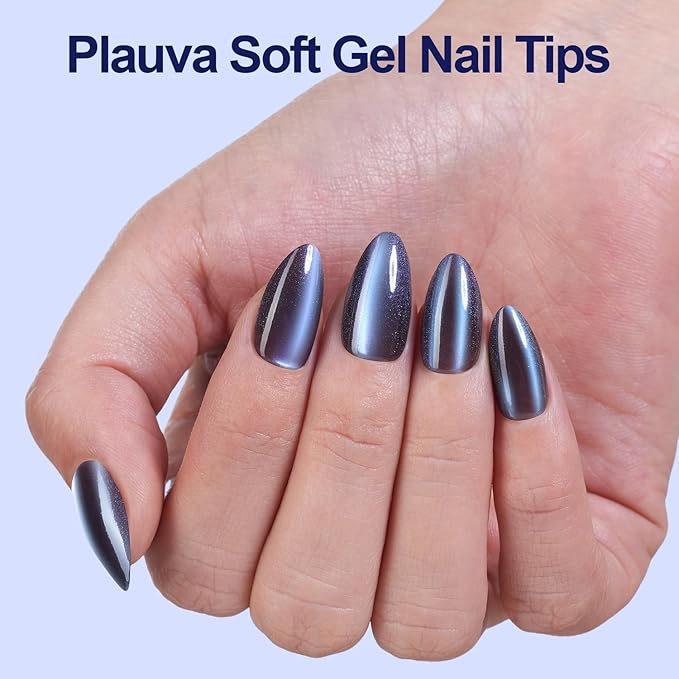 150Pcs Cat Eye Press on Nails Medium Almond, Soft Gel Fake Nails, Glossy Glitter Cat Eye Nail Tips for Women and Girls Stick On Nails in 15 Sizes