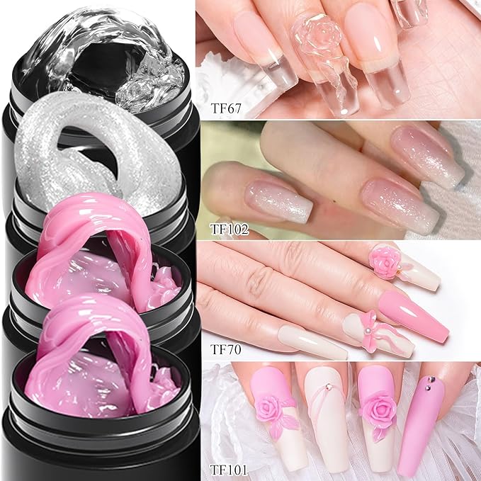 MEET ACROSS 9Pcs 3D Builder Gel Kit for Nail Art Pink White Sliver Non Sticky Hand Carving Extension Solid Builder Gel for Nails with Silicone Pen Manicure Kit 4 Colors