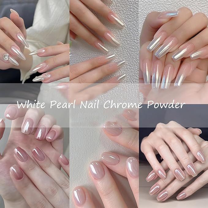 Pearl Chrome Nail Powder Gold Silver, White Pearl Iridescent Mermaid Glitter, Mirror Effect Metallic Gel Chrome DIY Nails Art Salon-3 Jar