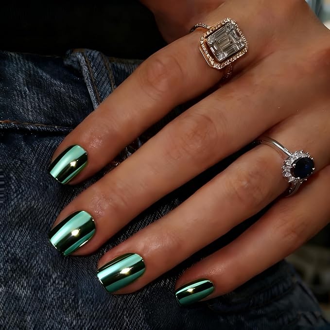 Chrome Press on Nails Short Square, Metallic Teal Green Fake Nails with a Sparkle Mirror Finish, Glitter Glue on Nails for Women Birthday Party, Thick Quality Soft Gel Nail Press ons 30 Pcs