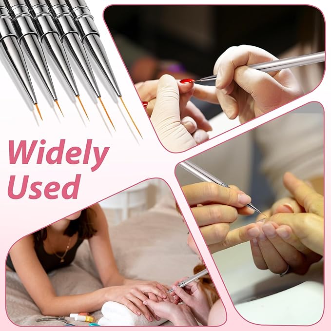 5 Pcs Liner Brushes for Nails Nail Art Brushes Detail Brush Dotting Painting Tools Thin Nail Art Brush for Gel Polish Long Lines Thin Details Fine Drawing, Sizes 6/9/12/15/18mm (Silver)