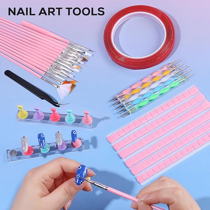Nail Art Stand Tools Kit: 15 Pcs Nail Brush 5 Pcs 2-way Dotting Tool 2x Holder for Painting Nails and Press ons 96x Reusable Adhesive Putty and Tweezer Design Supplies Set for Women Salon Home