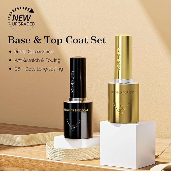 VENALISA 2 Pcs No Wipe Gel Top Coat and Base Coat Set- High Gloss Shiny Base Top Coat Gel Nail Polish Kit, Soak Off Nail Art Home and Professional Manicure