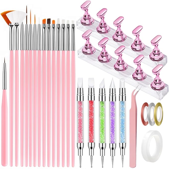 Nail Art Tools Set, Nail Stand, Nail Art Brushes, Nail Dotting Tool and Sculpture Pen, Nail Holder for Press on for Painting Practice, Nail Brushes for Nail Painting, Drawing, Sculpting