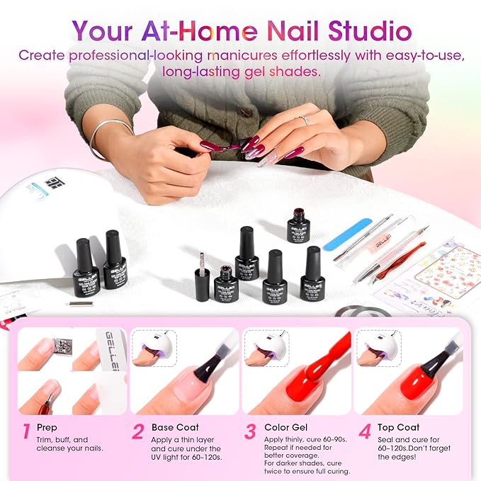 GELLEN 71pcs Gel Nail Polish Kit with U V Light, 32pcs All Seasons Color Hema-Free GelNail Polish Set with 5pcs Functional Gel Top and Base Coat, Nail Art Manicure Salon Nail Kit for Women