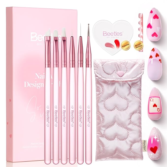 Beetles Nail Art Brushes 6pcs – Cherish Nail Art Tools Liner Brushes for Nails Dotting Tool Gradient French Manicure Design Pen with Heart Palette Brush Holder Pouch Bag, DIY Gift for Women
