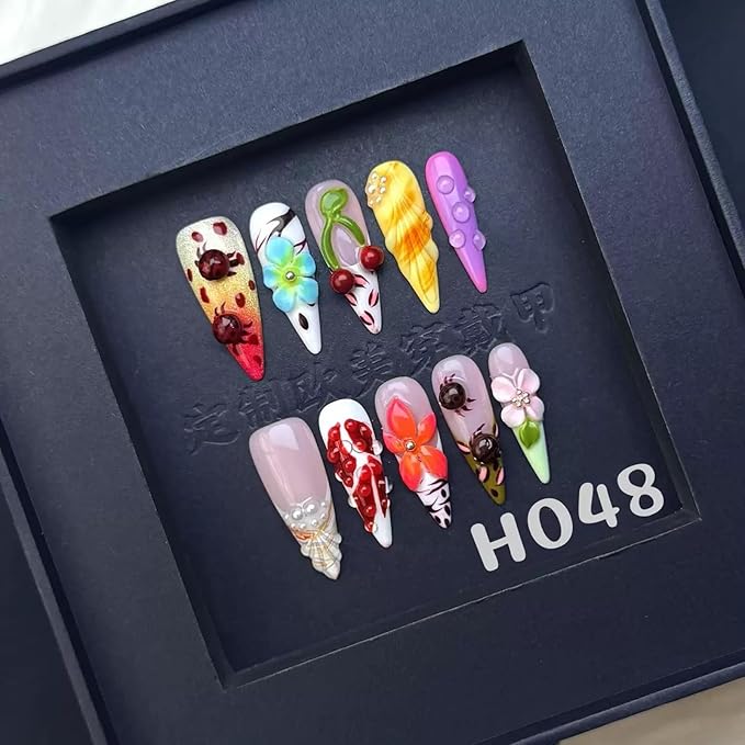 Handmade Press on Nails Long Stiletto Fake Nails 5D Colorful Flower Charms False Nails Summer Seashell Glue on Nails Cherry French tip Handmade Nail for Women Girls Daily Wear Manicure 10pcs Size L