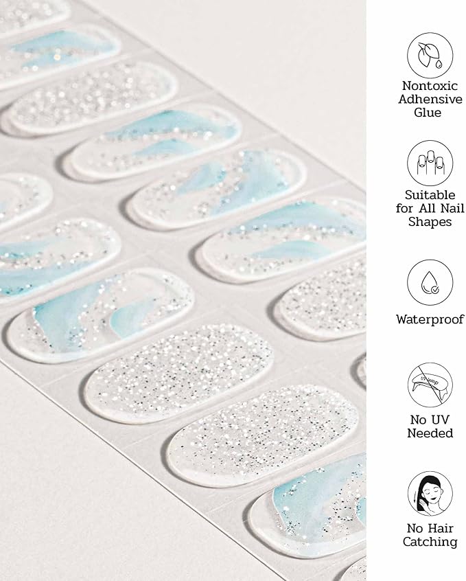 Nail Polish Strips (No UV Lamp Needed) - 22 Pcs Salon Quality Gel Nail Stickers - Long Lasting Wraps (Crystal Ice Sliver)