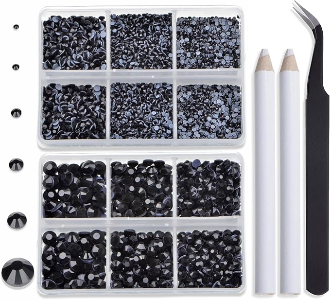 Bymitel Hotfix Crystal Rhinestones Round Gems for Crafts,Mixed 6 Sizes with Wax Pencil Kit, Black 1.6-6.3mm SS4-SS30/8000pcs