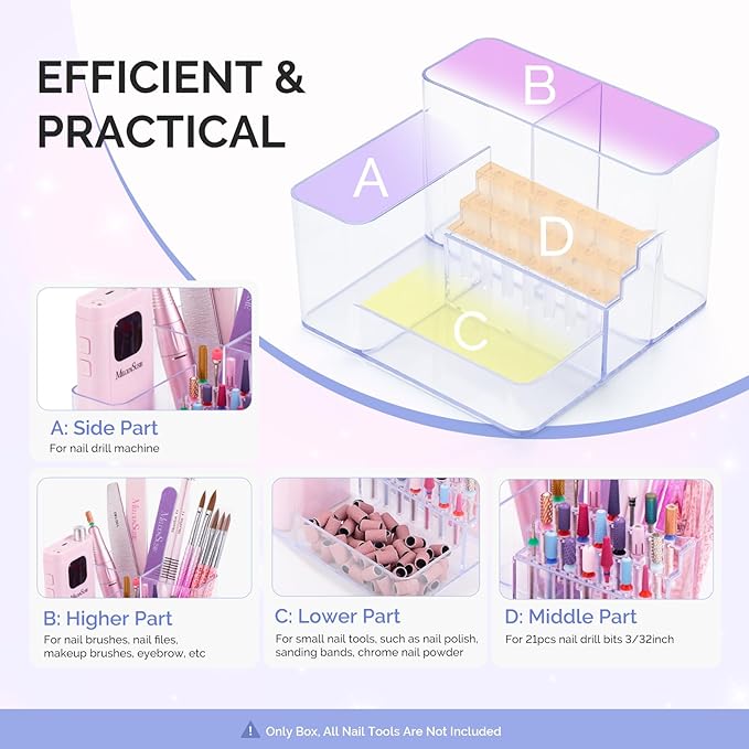 MelodySusie Nail Drill Holder, 21 Holes Nail Drill Bits Holder, Professional Acrylic Nail Tools Storage Box, Organizer Displayer for Manicure Efile Accessories Nail Drill Kit, Salon Home, Clear