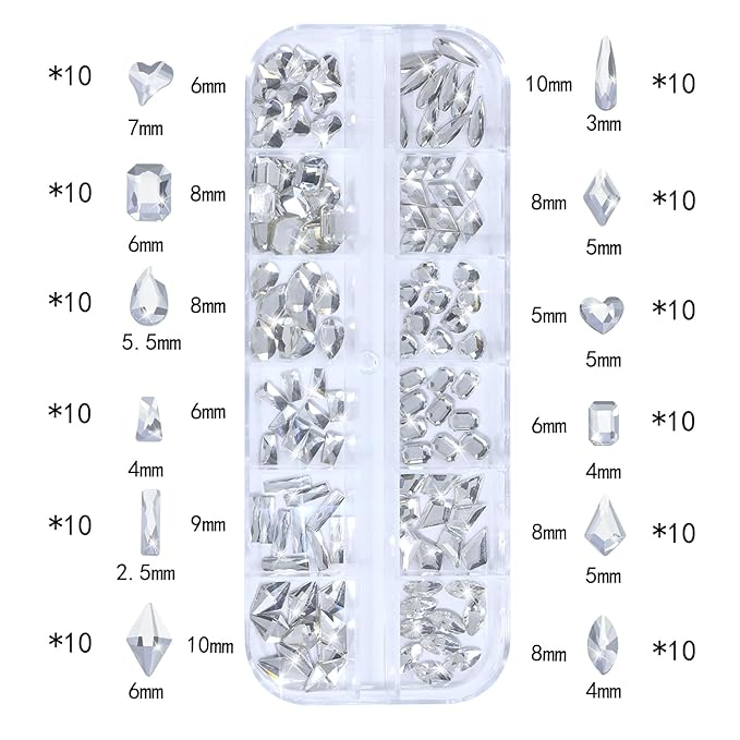 HNUIX Nail Rhinestones - 3D Multi Shape Size, Crystal Clear Nail Gems, Flat Back, with Kit, for Nail Art, DIY Decorations