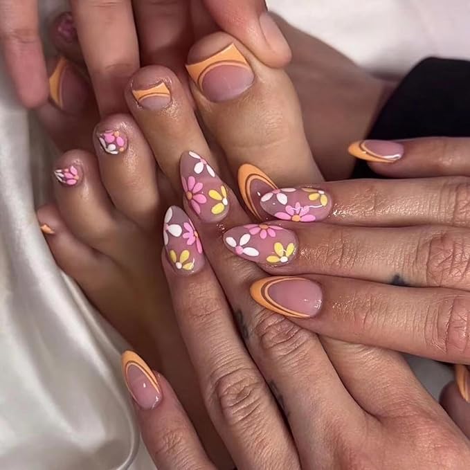 48Pcs Flower Press on Toenails Medium Almond Press on Nails Orange French Tip Fake Nails with Curve Design Glossy Summer False Nails Cute Reusable Daisy Stick on Toenails for Women Girls Manicure