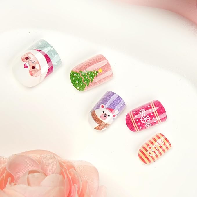 Cute Press on Nails for Kids,Girls Trendy Stuff Fake Nail Kit for Ages 5-12, Pre-glue Glitter Short Christmas Nails Stick on Nails, Great for Girl Birthday Gifts,Party&Makeovers Decoration