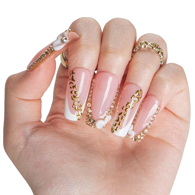 LOVFUL Short French Tip Press on Nails Gold Crystal | Handmade Acrylic Press ons| Reusable Fake False Nails | Square Classic Regular 1.3in | H706-L