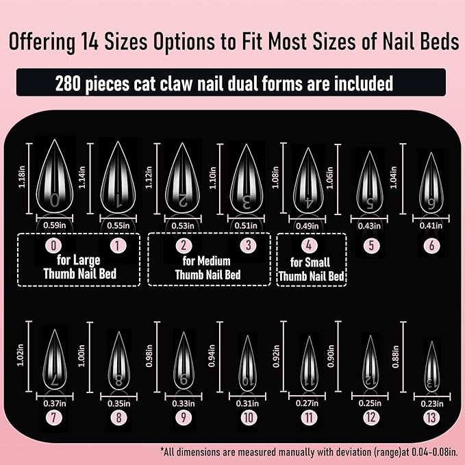 Short Cat Claw Curved Stiletto Nail Dual Forms for Extension, Sculptural Eagle Hawk Acrylic Nails Reusable Full Cover Mold Suitable for Polygel Solid Hard Builder Gel 280Pcs 14 Sizes Q57