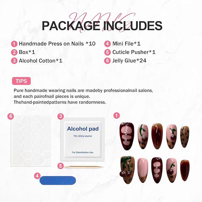 Handmade Press on Nails Brown French Medium Almond Fake Nails with Cherry Rhinestone Design Spring Summer False Nails Luxury Gradient Stick on Nail Muti-Layer Gel Acrylic Nail for Women (Size M)