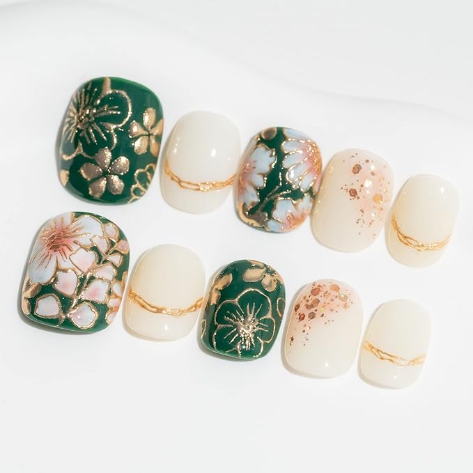 Sun&Beam Nails Handmade Short Round Green Gold White False Nail Tips with Cute 3D Flower Popular Charm Design Press On Nails 10 Pcs (#76 L)