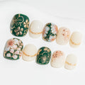 Sun&Beam Nails Handmade Short Round Green Gold White False Nail Tips with Cute 3D Flower Popular Charm Design Press On Nails 10 Pcs (#76 L)